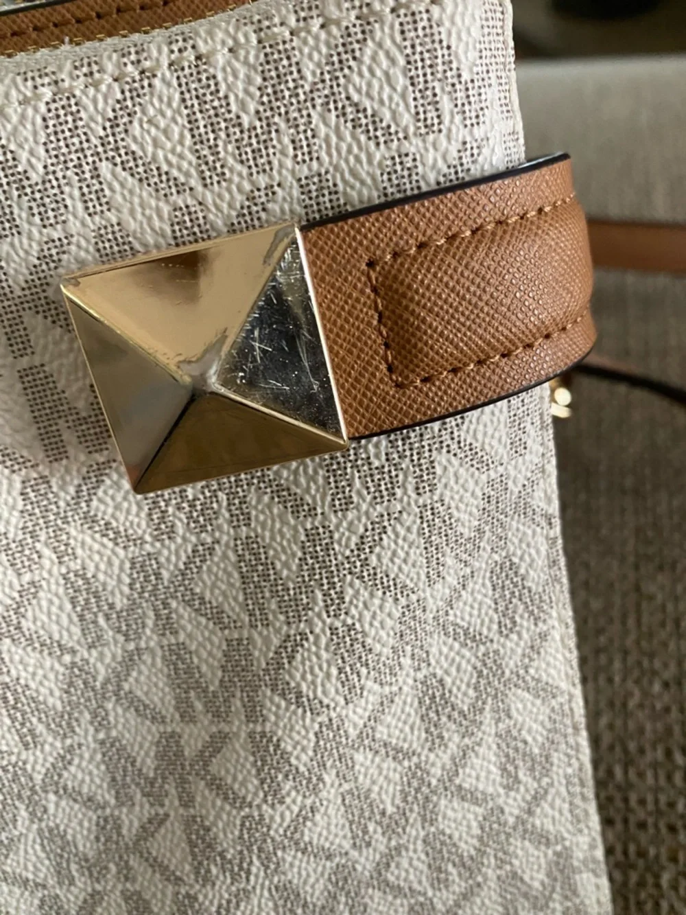 Michael Kors Cream Signature Crossbody with Brown Trim and Gold Accents